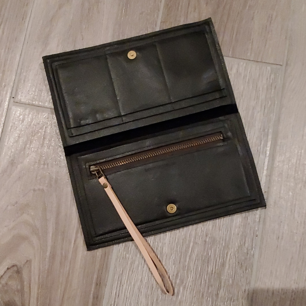 Black Leather Women's Clutch Wallet with Beige Wrist Strap